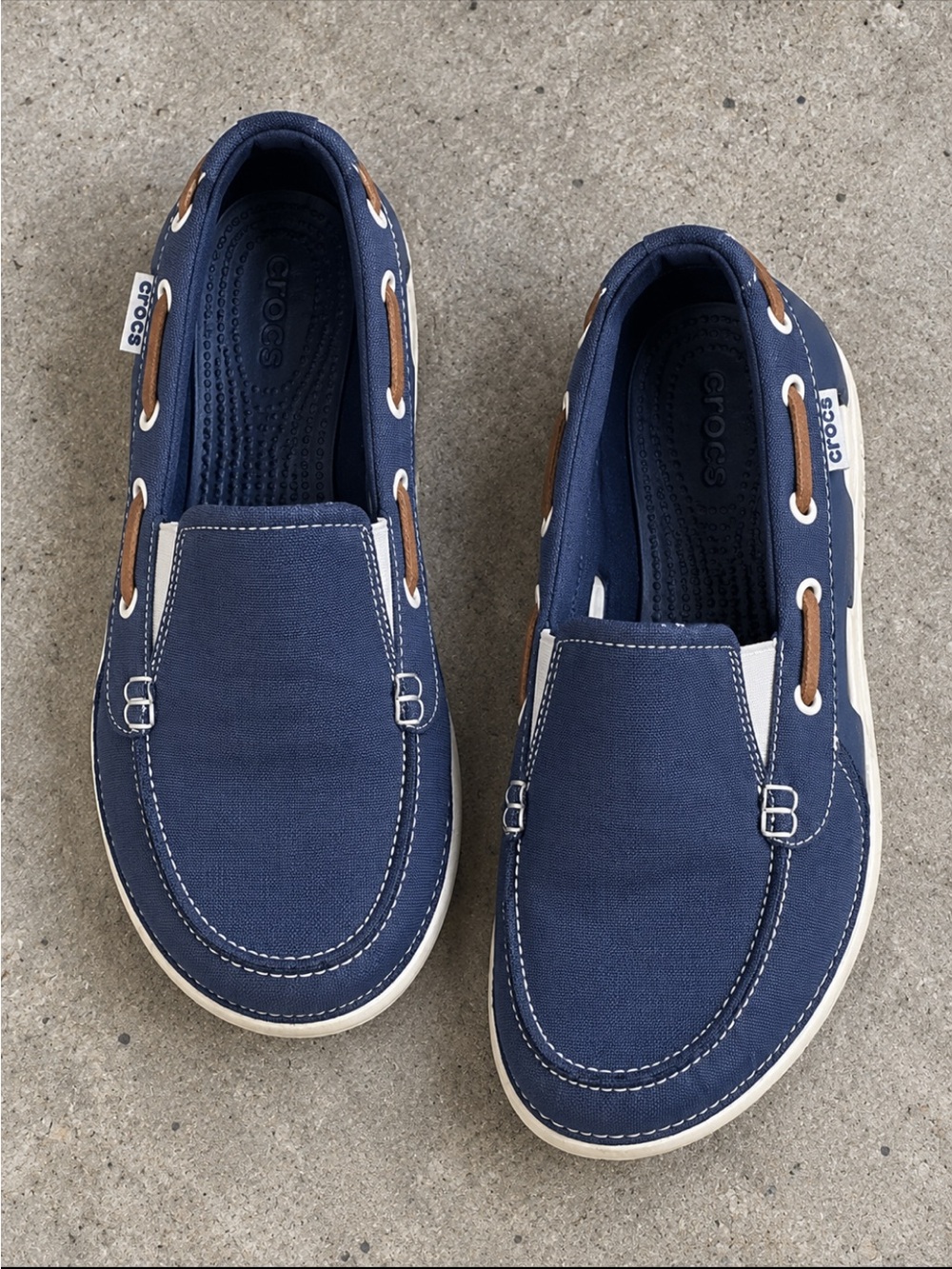 Crocs Canvas Boat Shoes Loafers Men 9 Blue Slip On Deck Shoes Nautical Preppy